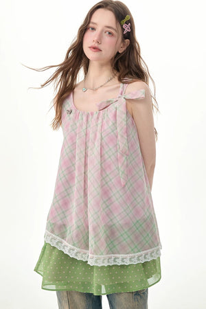 Pink Plaid Lace Trim Camisole Dress