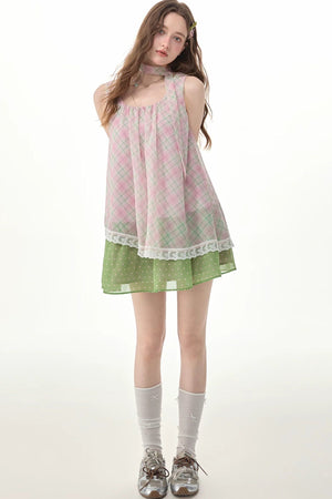 Pink Plaid Lace Trim Camisole Dress