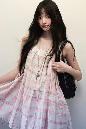 Pink Plaid Pleated Dress