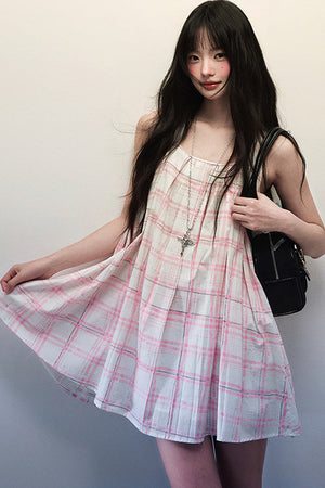 Pink Plaid Pleated Dress