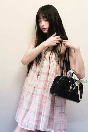 Pink Plaid Pleated Dress