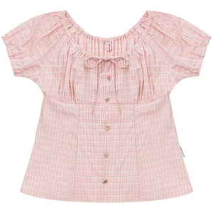 Pink Plaid Puff Sleeve Tie Front Top