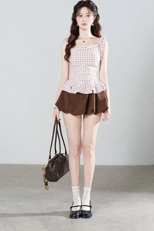 Pink Plaid Suspender Shirt and Brown Skirt Set