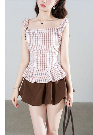 Pink Plaid Suspender Shirt and Brown Skirt Set