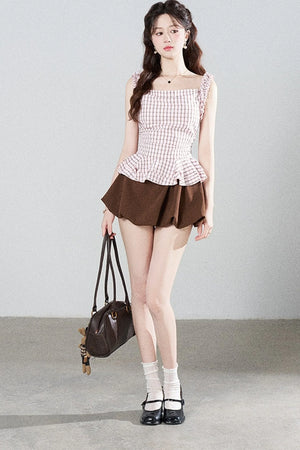 Pink Plaid Suspender Shirt and Brown Skirt Set