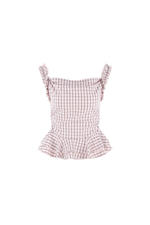 Pink Plaid Suspender Shirt and Brown Skirt Set