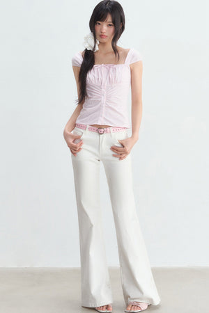 Pink Pleated Square-Neck Shirt and White Pants Set-Up