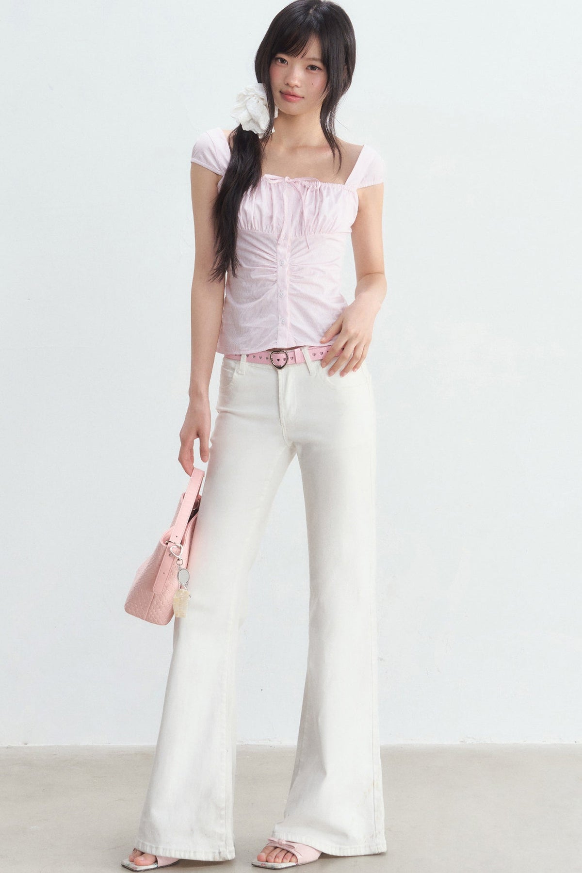 Pink Pleated Square-Neck Shirt and White Pants Set-Up