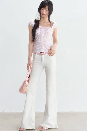 Pink Pleated Square-Neck Shirt and White Pants Set-Up