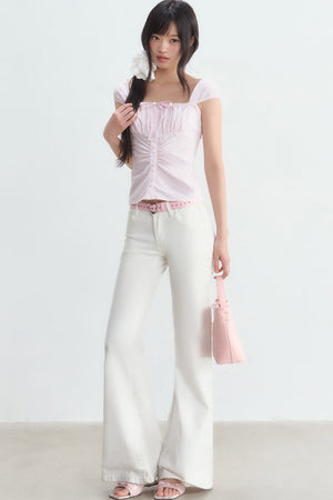 Pink Pleated Square-Neck Shirt and White Pants Set-Up