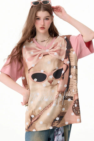 Pink Polka Dot Cat Graphic T-Shirt