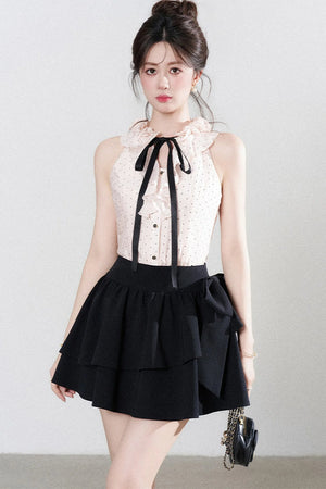 Pink Polka Dot Halter Neck Tencel Shirt and Skirt Set