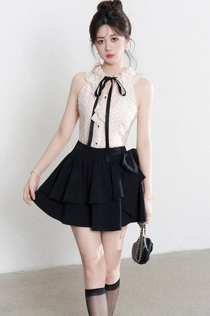 Pink Polka Dot Halter Neck Tencel Shirt and Skirt Set