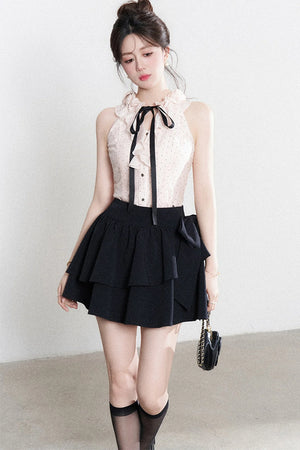 Pink Polka Dot Halter Neck Tencel Shirt and Skirt Set