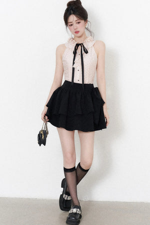 Pink Polka Dot Halter Neck Tencel Shirt and Skirt Set