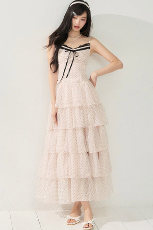 Pink Polka Dot Multi-Layered Spaghetti Strap Dress