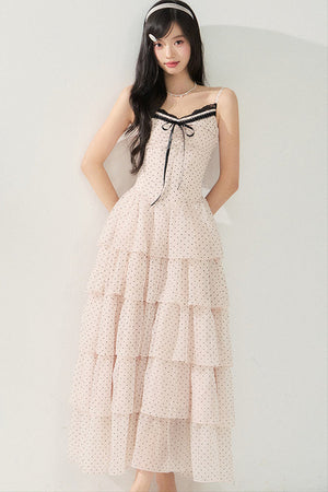 Pink Polka Dot Multi-Layered Spaghetti Strap Dress