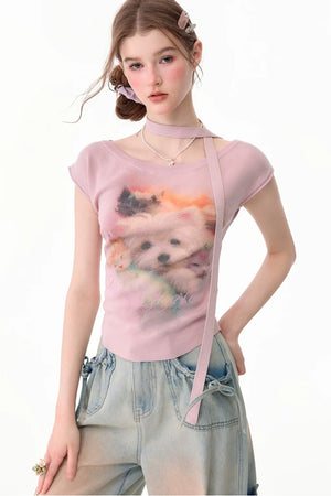 Pink Puppy Print Slim Fit T-Shirt