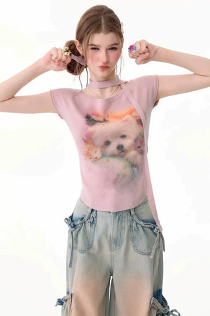 Pink Puppy Print Slim Fit T-Shirt