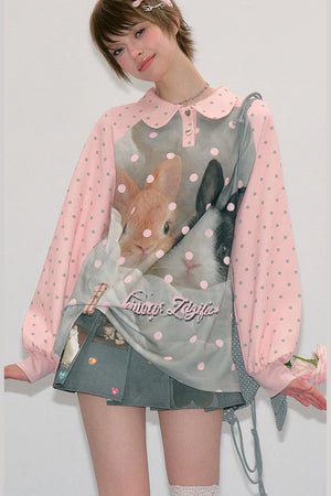 Pink Rabbit Print Polka Dot T-Shirt