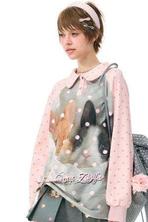 Pink Rabbit Print Polka Dot T-Shirt