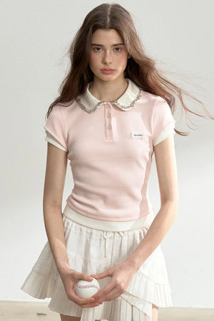 Pink Rhinestone Polo Tee