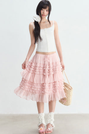 Pink Ruffle Chiffon Tube Top Skirt