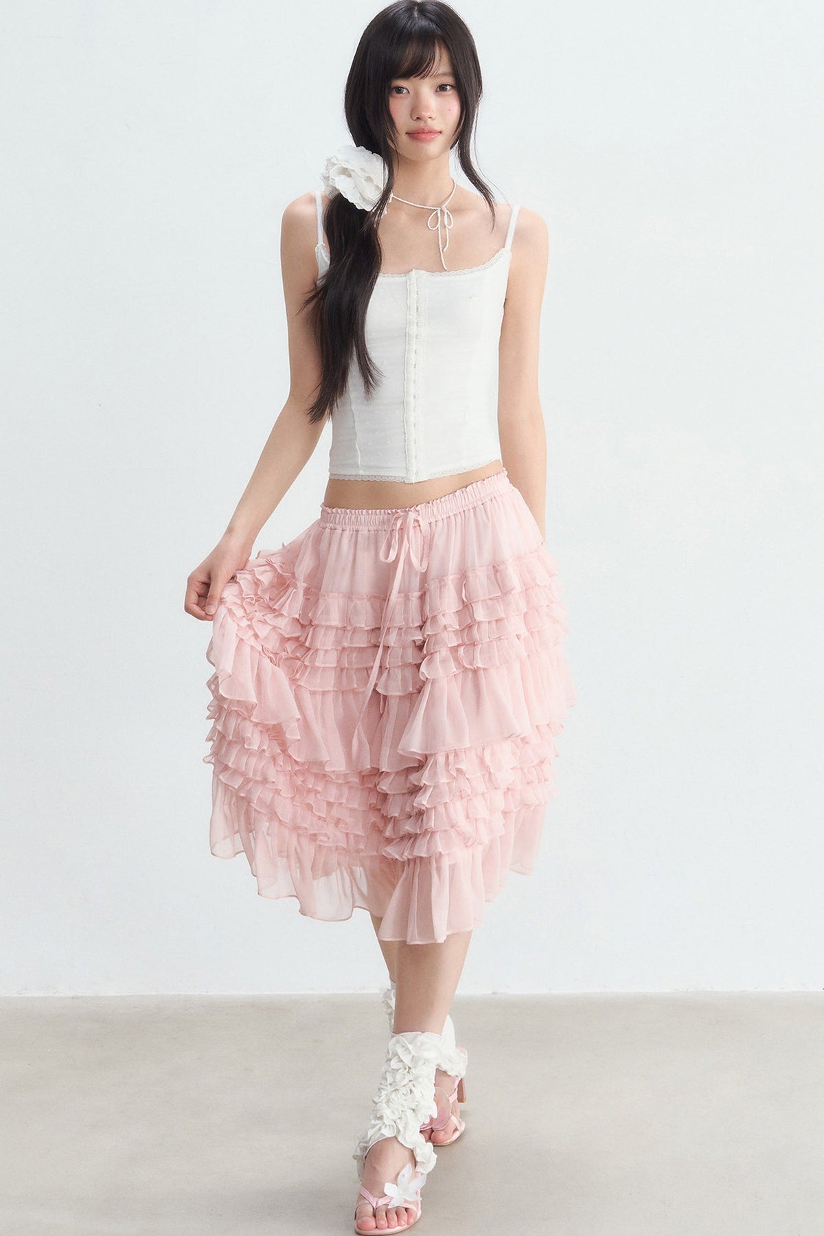 Pink Ruffle Chiffon Tube Top Skirt