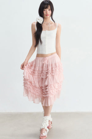 Pink Ruffle Chiffon Tube Top Skirt