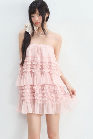 Pink Ruffle Chiffon Tube Top Skirt