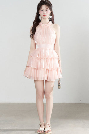 Pink Sleeveless Halter Tiered Dress