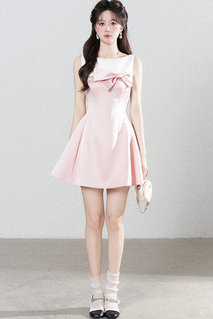 Pink Sleeveless Waist-Cinching A-Line Dress
