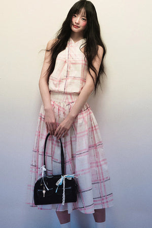 Pink Striped Plaid Halter Top and Umbrella Skirt Set