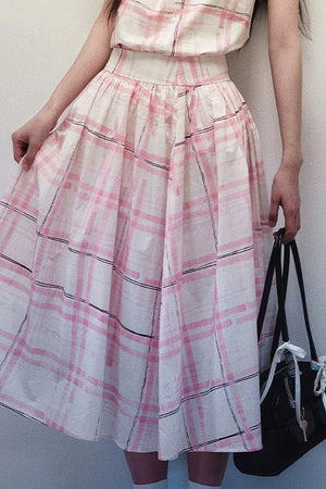 Pink Striped Plaid Halter Top and Umbrella Skirt Set