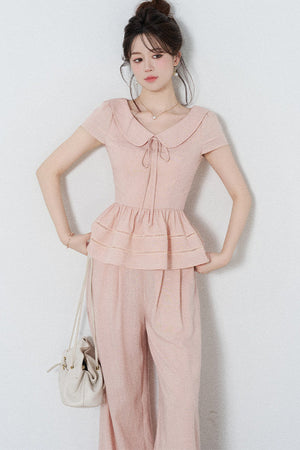 Pink Tencel Doll Collar Shirt and Wide-Leg Pants Set