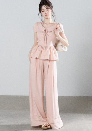 Pink Tencel Doll Collar Shirt and Wide-Leg Pants Set