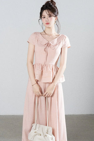 Pink Tencel Doll Collar Shirt and Wide-Leg Pants Set
