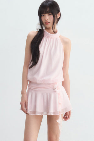 Pink Textured Chiffon Sleeveless Halter Dress
