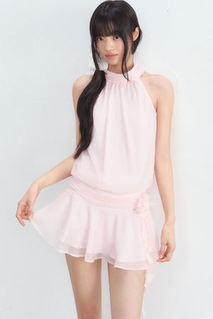 Pink Textured Chiffon Sleeveless Halter Dress