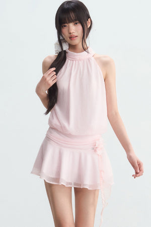 Pink Textured Chiffon Sleeveless Halter Dress