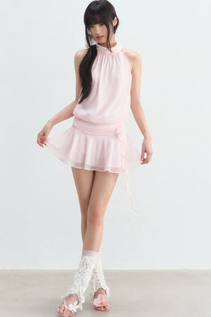 Pink Textured Chiffon Sleeveless Halter Dress