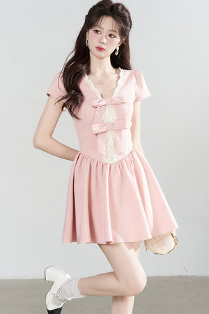 Pink V-Neck Lace Dress