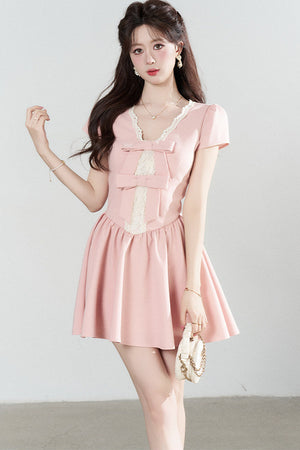 Pink V-Neck Lace Dress