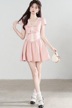 Pink V-Neck Lace Dress