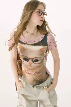 Pink Vintage Washed Cat T-Shirt