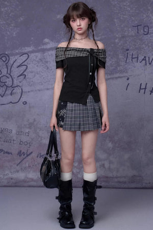 Plaid Bow-Knot One-Shoulder Top Set-Up