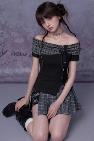 Plaid Bow-Knot One-Shoulder Top Set-Up