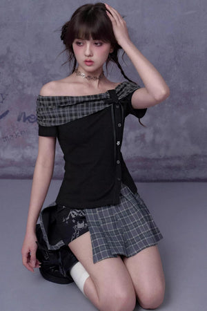 Plaid Bow-Knot One-Shoulder Top Set-Up