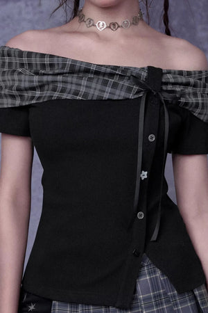 Plaid Bow-Knot One-Shoulder Top Set-Up
