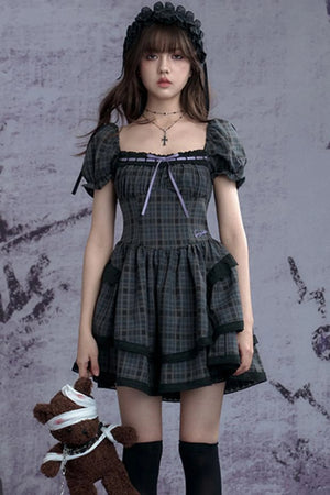 Plaid Bubble Sleeve Cake Dress